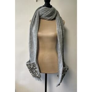 Anthropologie Chunky Knit Scarf Shimmered Pocket Gray Beaded Soft Cozy Boho